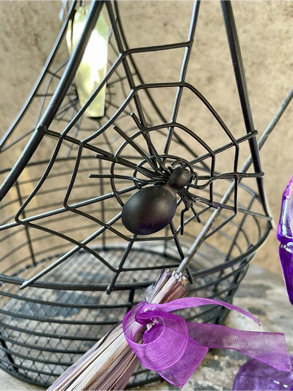 Halloween Party Decor / Wire Basket, Broomstick and Skeleton Wine Goblet (NEW)